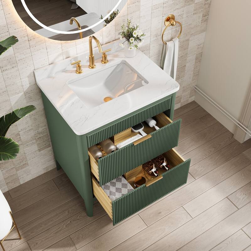 Modland 30" Freestanding Bathroom Vanity with Carrara Marble Top - Soft-Close Drawers,Green / Grey - 30 inch