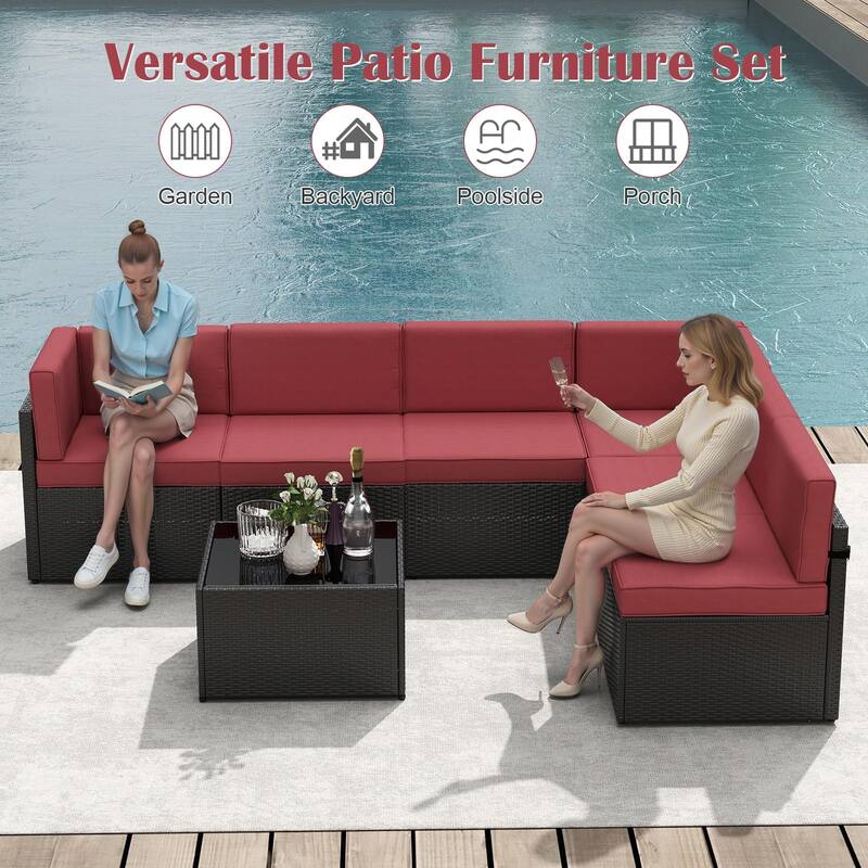 7PC Outdoor Patio Furniture Set, Wicker Patio Sectional Furniture Set with Coffee Table & Cushion for Garden, Backyard, Poolside