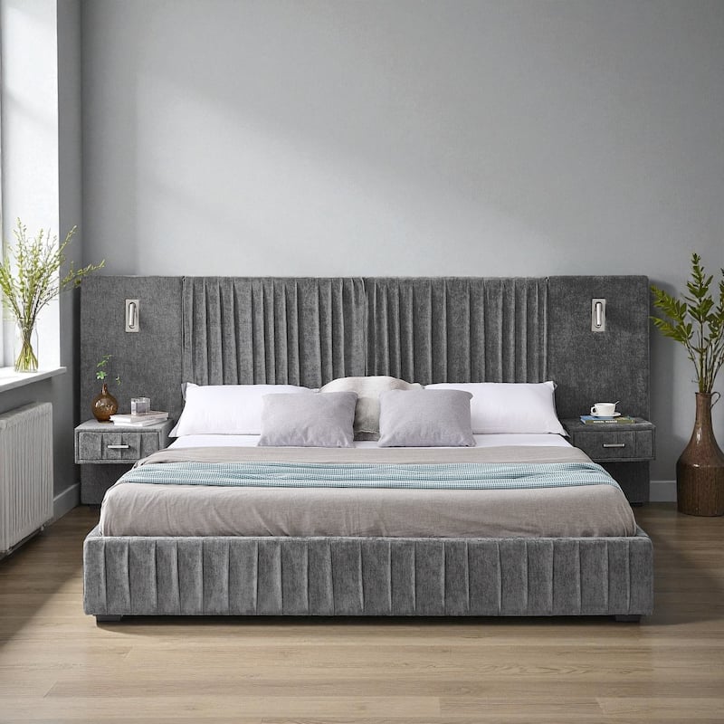 King Upholstered Platform Bed with Pleated Chenille Headboard, Built-in Bedside Table & Adjustable Lamps, No Box Spring - Dark Grey - King