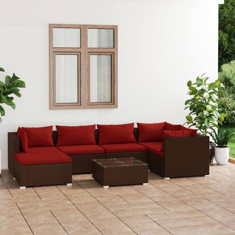 vidaXL 7 Piece Patio Lounge Set with Cushions Poly Rattan Brown - 27.6" x 27.6" x 24" - 27.6" x 27.6" x 24" - Brown/Cinnamon red 7 Piece