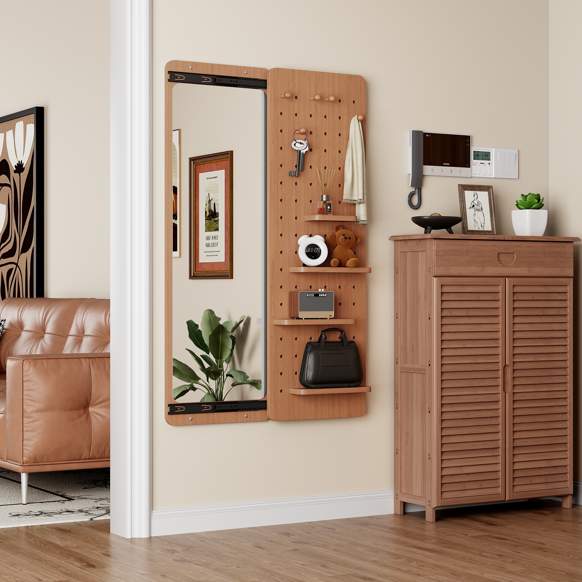 Wall Mounted Full Length Mirror, Full Body Mirror with Shelf, Mirror with Hook Wall Mounted Mirror with Multifunctional Design