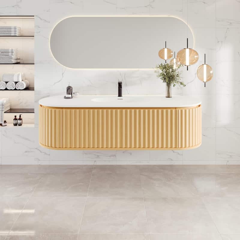 Haven 64"W Oak DS Wallmount Bath Vanity with Integrated Sinks