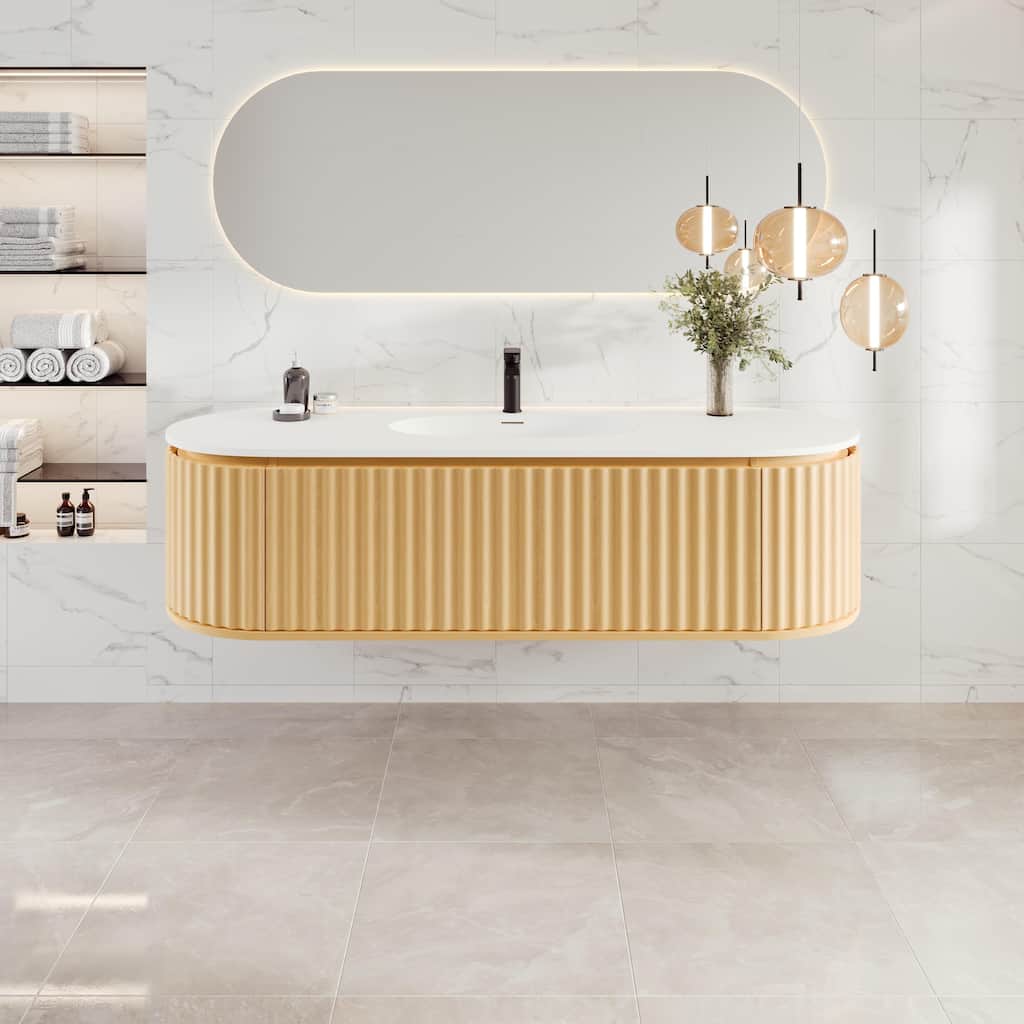 Haven 64"W Oak DS Wallmount Bath Vanity with Integrated Sinks