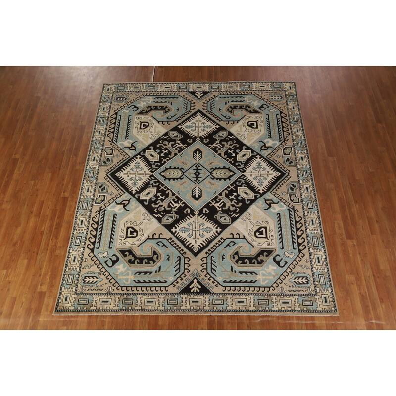 Hand Knotted Oriental 100% Wool Carpet Traditional Medallion Black Kazak Area Rug - 9' 7'' X 8' 2''