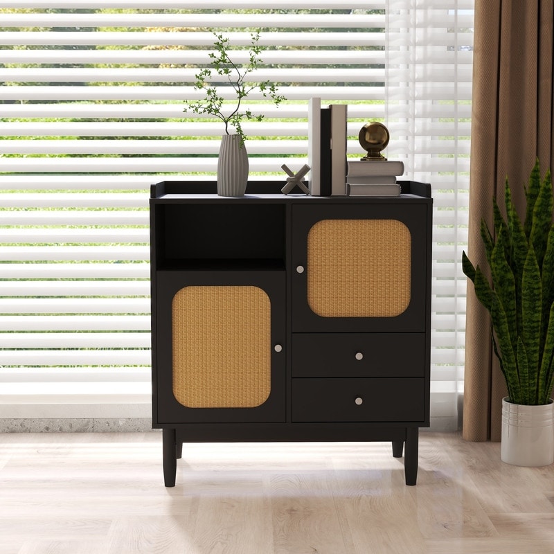 Unique Sideboard Cabinet Display Buffet Storage Cabinet with 2 Woven Cane Doors,2 Drawers and 1 Open Storage Shelf