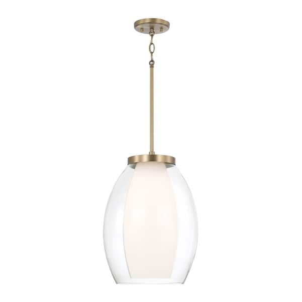 slide 2 of 6, 13" W x 18" H 1-Light Pendant in Aged Brass with Layered White and Clear Glass - 13"W x 18"H 13"W x 18"H - Aged Brass