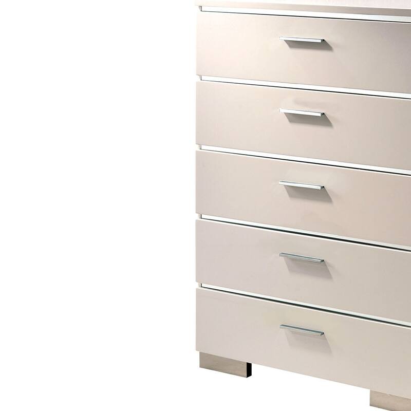 Wood and Metal Chest with 5 Drawers and Block Legs, White and Silver