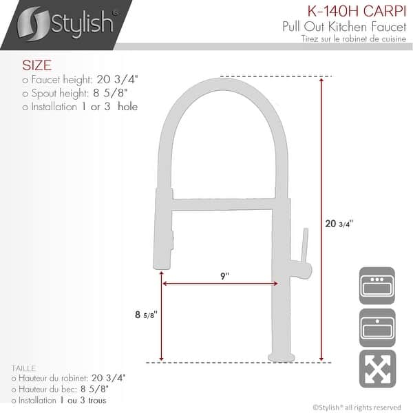 dimension image slide 1 of 3, STYLISH Stainless Steel Single Handle Pull Out Dual Mode Kitchen Sink Faucet