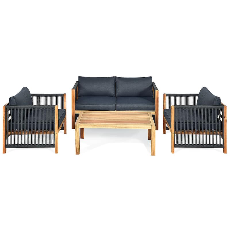 4PCS Patio Furniture Set with Coffee Table for Indoor and Outdoor - Teak+Grey