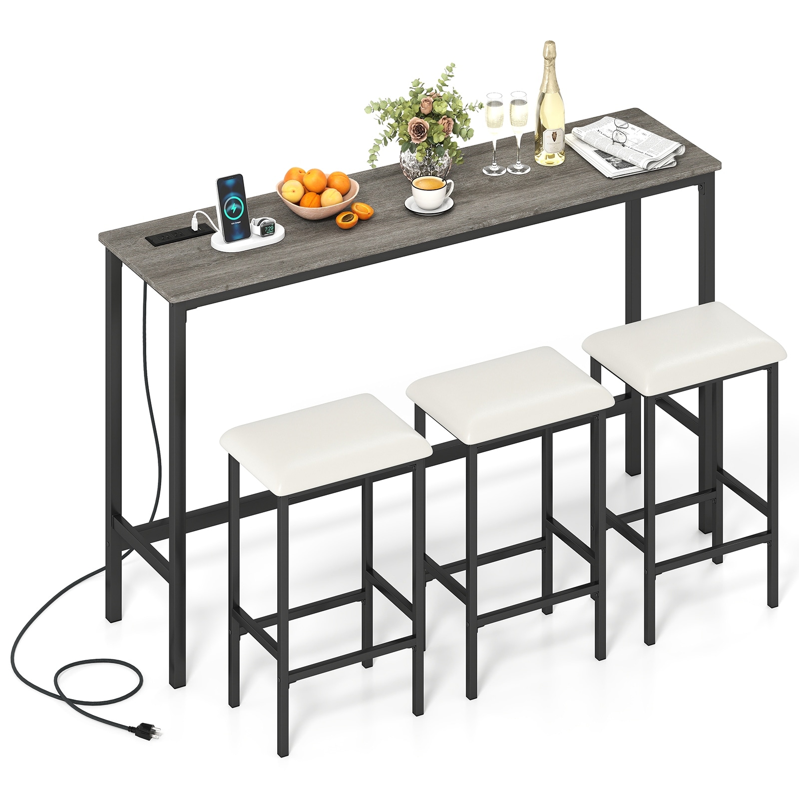 Gymax 4PCS Counter Height Bar Table w/Power Outlet 3 Padded Stools for