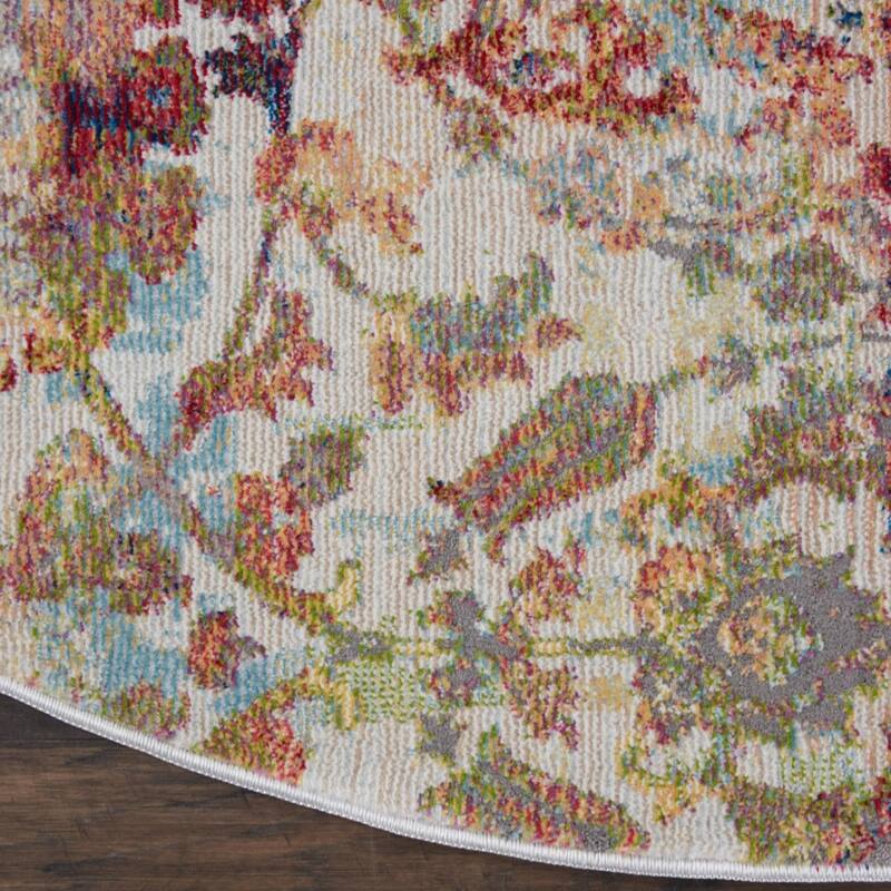 HomeRoots 6' Ivory Gray and Orange Floral Distressed Non Skid Round Rug - 72' X '72' X '0.5