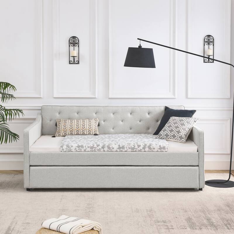 Roomfitters Twin Upholstered Daybed with Twin Trundle, Tufted Backrest and Elegant Waved Arms - Beige - Twin