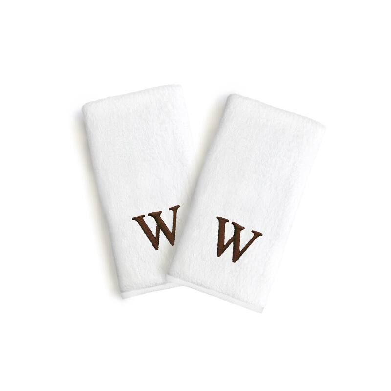 Authentic Hotel and Spa 2-piece White Turkish Cotton Hand Towels with Brown Block Monogrammed Initial - White/W