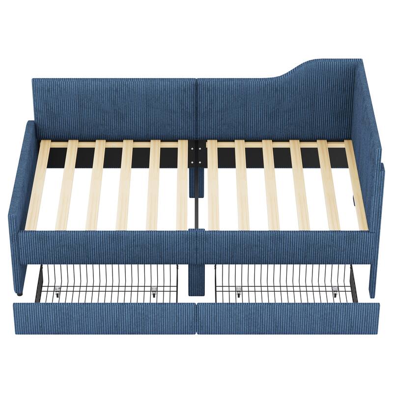 L-Shaped Twin Daybed with Storage Drawers, Corduroy Upholstered Frame, Blue