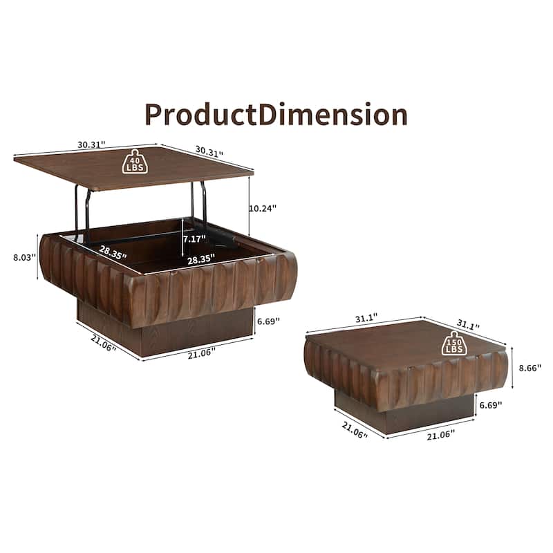 Modern Lift-Top Coffee Table, 31.10" Square Center Table with Hidden Storage Wooden Living Room Table with Lifting Surface