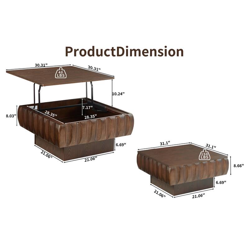 Square Lift-Top Coffee Table with Solid Wood Frame and Hidden Storage