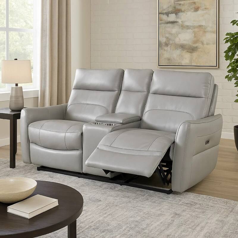 Teren Power Recliner Loveseat, 63 Inch, Gray Grain Leather, Cuphoders