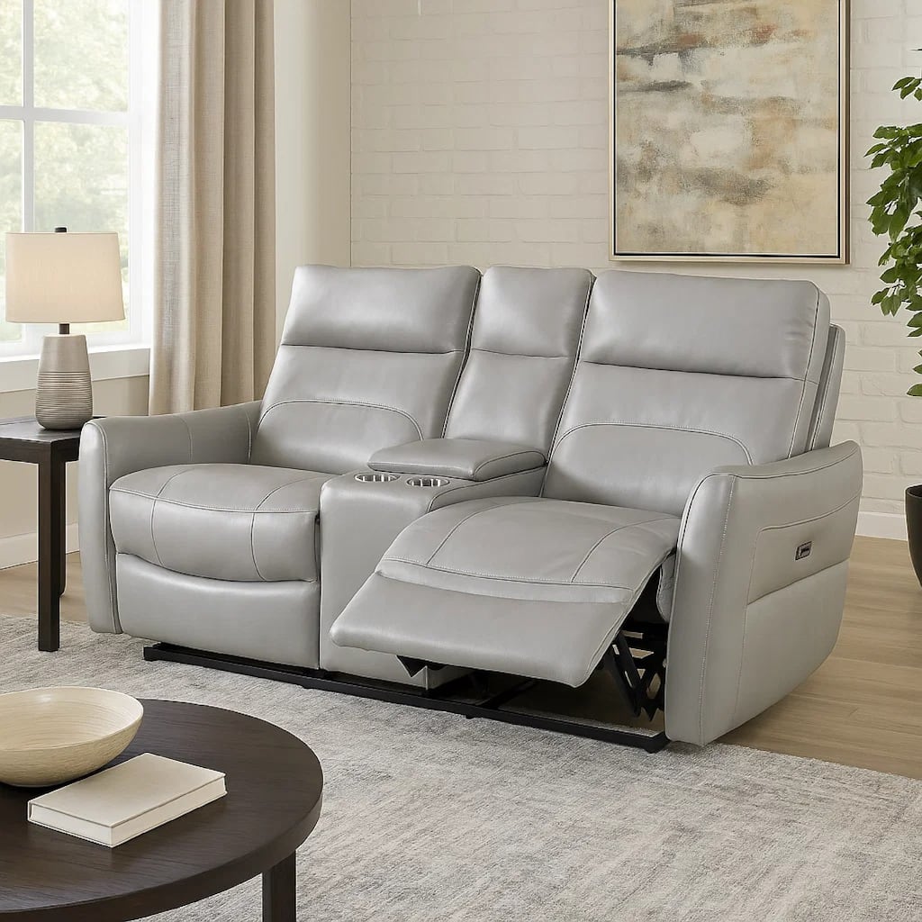 Teren Power Recliner Loveseat, 63 Inch, Gray Grain Leather, Cuphoders