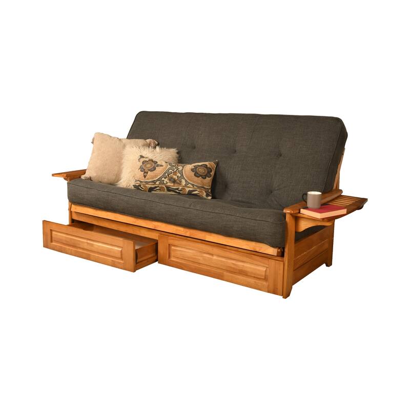 Somette Phoenix Queen-size Storage Futon Set in Butternut Finish with Linen Mattress - Linen Charcoal