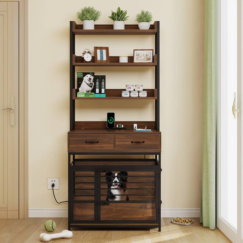 Dog Crate Furniture with Storage Shelves And Charging Station