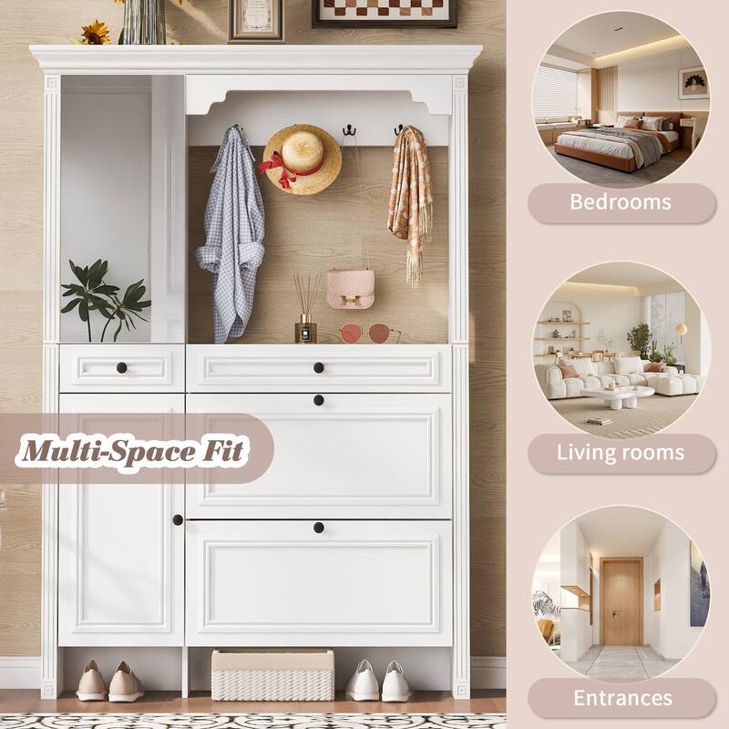 Roomfitters Hall Tree with Shoe Cabinet and Mirrored Door, 4 Hooks and Bench Storage Organizer, White