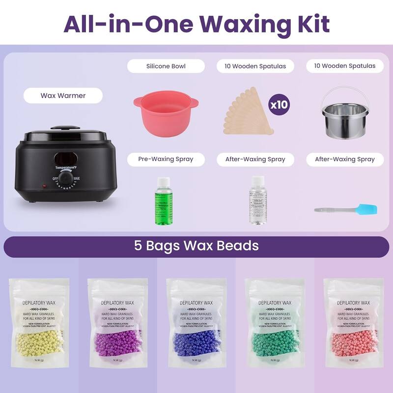 Brazilian Wax Warmer Kit with 5 Hard Wax Beads & Digital Display - For Full Body, Face, Bikini, Sensitive Skin