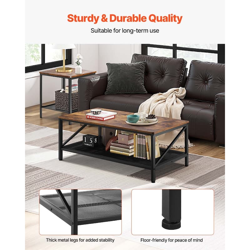 3-Piece Living Room Coffee Table Set with Brown Wood Grain Top and Black Metal Frame Included Side Tables