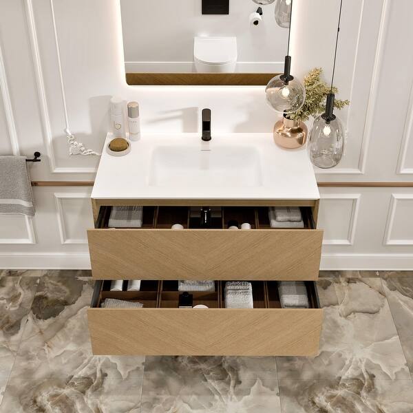 Eviva Lotus 30 in. W. x 22 in. D x 22 in. H Oak Wall Mount Bathroom Vanity with White Solid Surface Integrated Sink Top