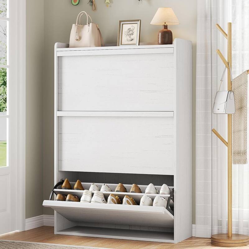 Narrow Shoe Cabinet Organizer with 3 Flip Drawers for Entryway, Hallway, Living Room - White