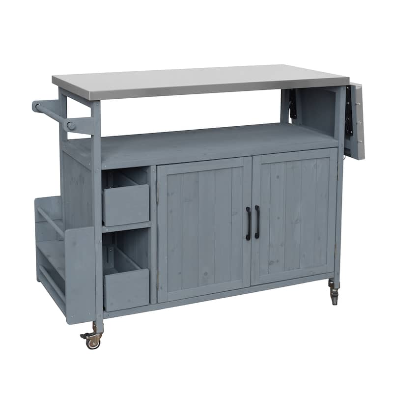 Christopher Knight Home - 54.33" Solid Wood Mobile Outdoor Kitchen Cart with Stainless Steel Top & Spice Rack & Lockable Wheels