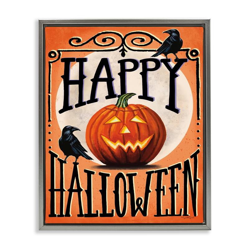 Stupell Happy Halloween with Crows Framed Floater Canvas Wall Art Design By Elizabeth Tyndall - 17 x 21 - Grey