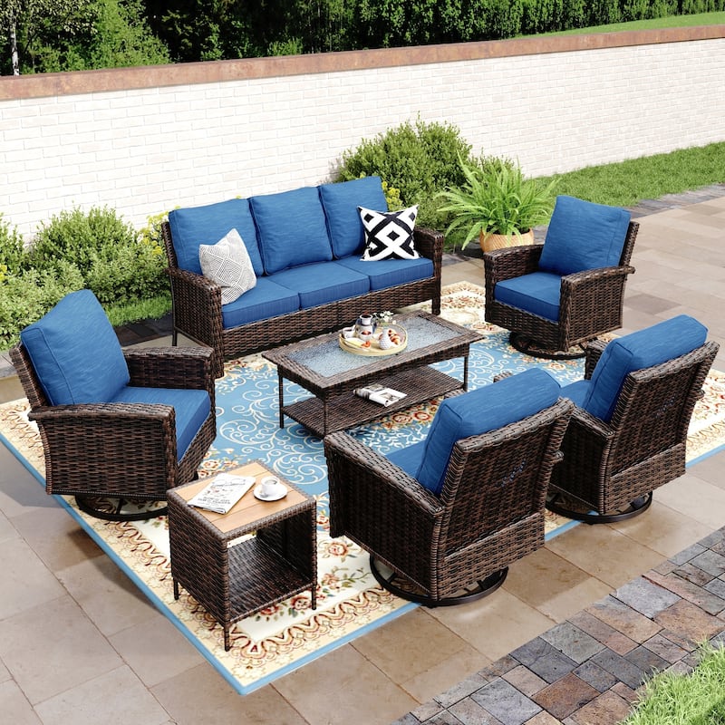 MAISON ARTS 7-Piece Extra-Large Patio Wicker Sofa Conversation Set with Table, Oversize Seat with 5.5'' Thick Padded Cushion - 7 Seats + 47'' Table + 17'' Rattan Table - Navy Blue