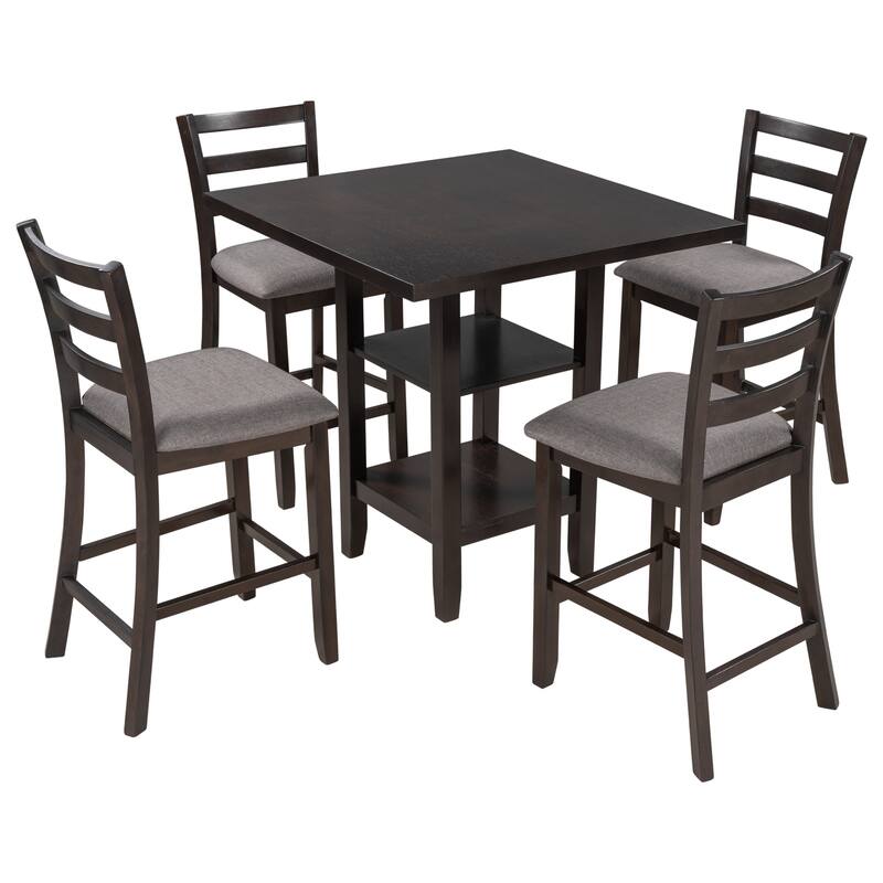 Espresso 5-Piece Counter Height Wooden Dining Table Set with 4 Chairs & Shelf