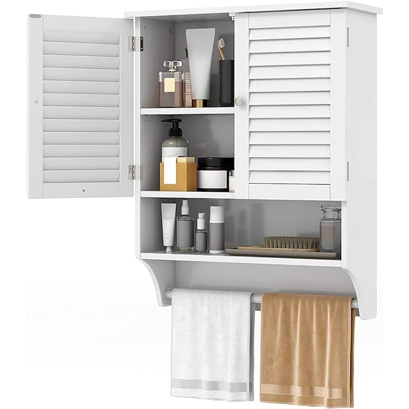 Bathroom Wall Mounted Medicine Cabinet w/ Towel Bar & Louvered Doors