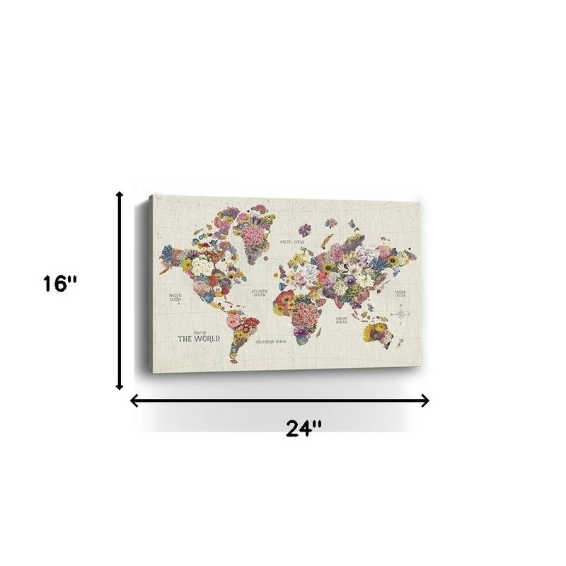 HomeRoots 24" x 16" Fun Floral Map of the World Canvas Wall Art