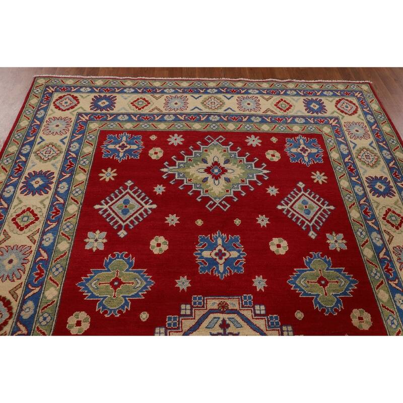 Geometric Red Kazak Oriental Area Rug Living Room Handmade Wool Carpet - 6'7" x 9'10"