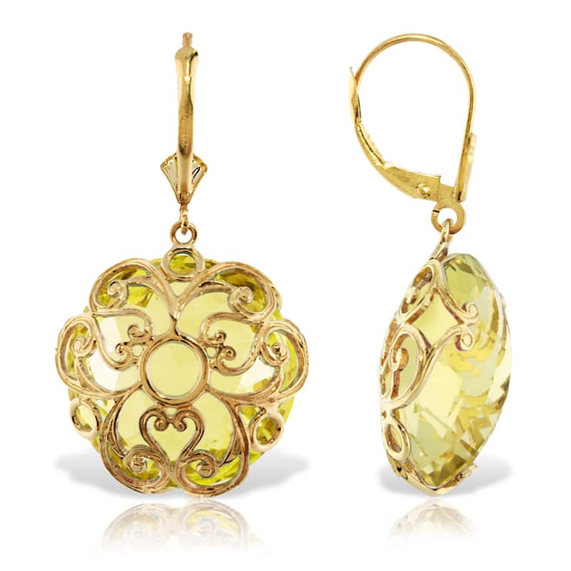 14K Solid Gold Leverback Gemstone Earrings Round Lemon Quartz Jewelry