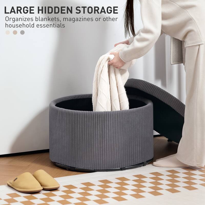 Large Corduroy Storage Ottoman with Hidden 25.6 Gal Compartment and Foam Seat Steel Frame