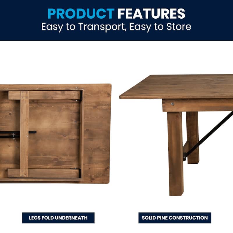 8' x 40" Rectangular Antique Rustic Solid Pine Folding Farm Table - 96"D x 40"W x 30"H