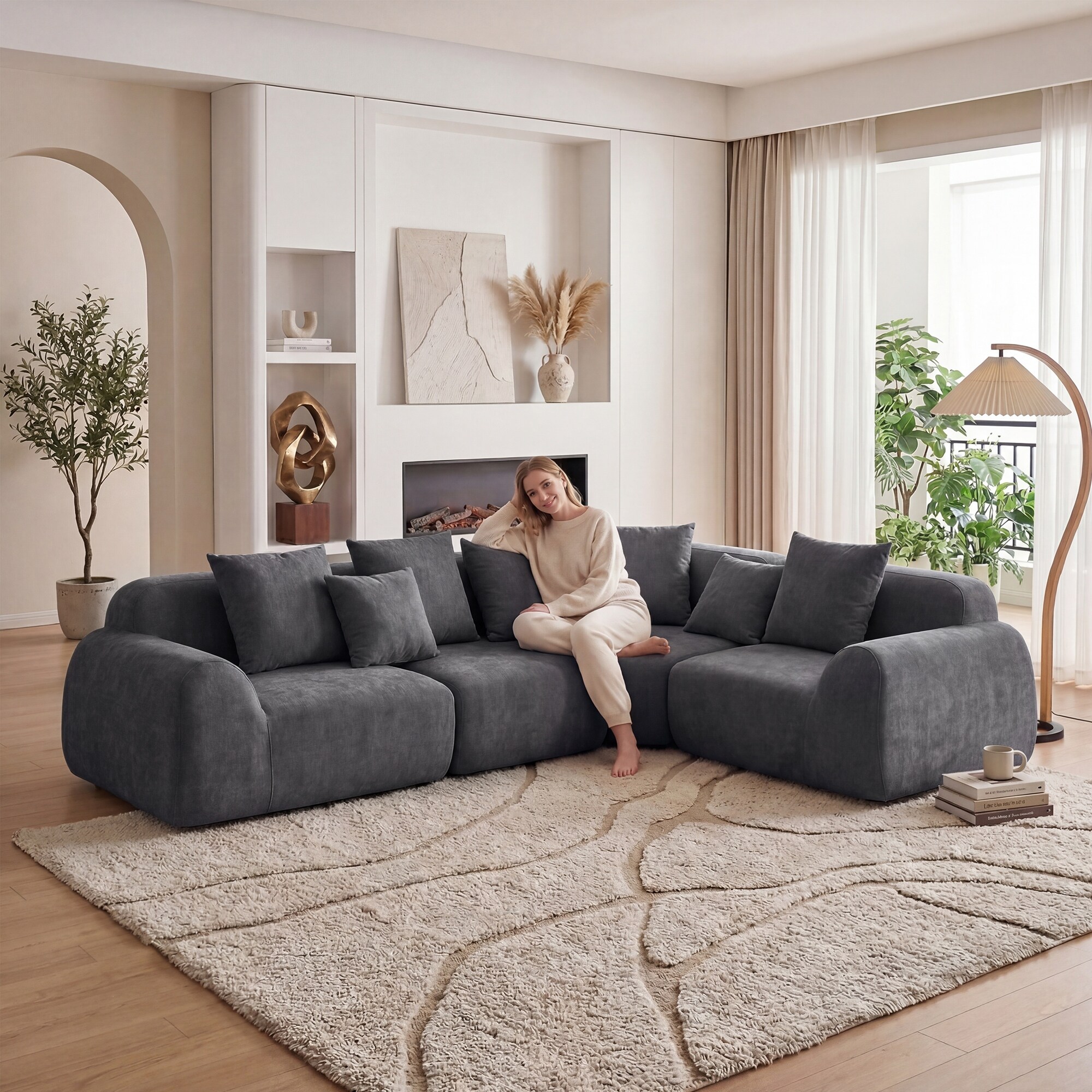 Bella シュシュ - Large Oversized Cloud Velvet Curved Sectional Couch 118', Boneless Couch