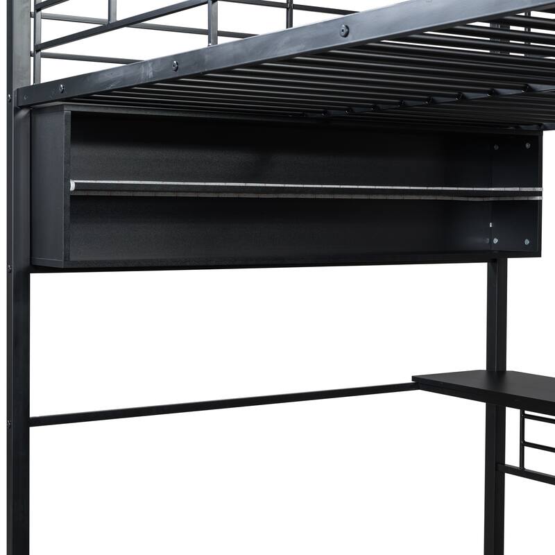 Full Size Loft Bed with Desk, LED Shelves, and Storage - Metal Frame with Guardrails and Ladder, Space-Saving Design for Teens