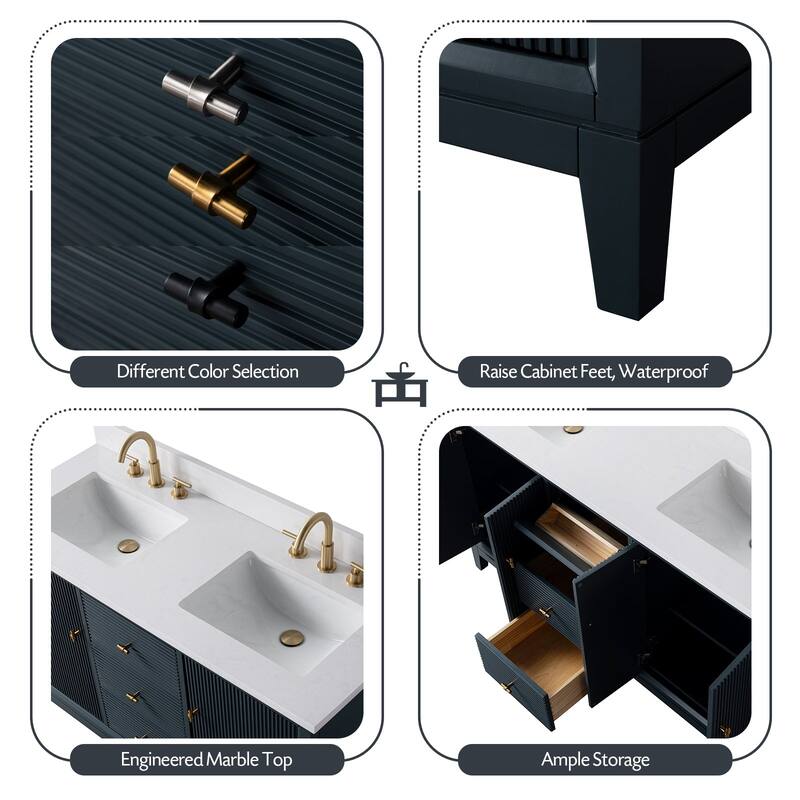 Vanity Art 60" Freestanding Bathroom Vanity with Engineered Marble Top and Sinks