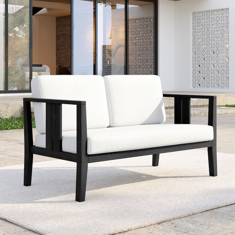 Casual Teak Wood Outdoor Patio Loveseat with Cushions - Dark Wood - Beige