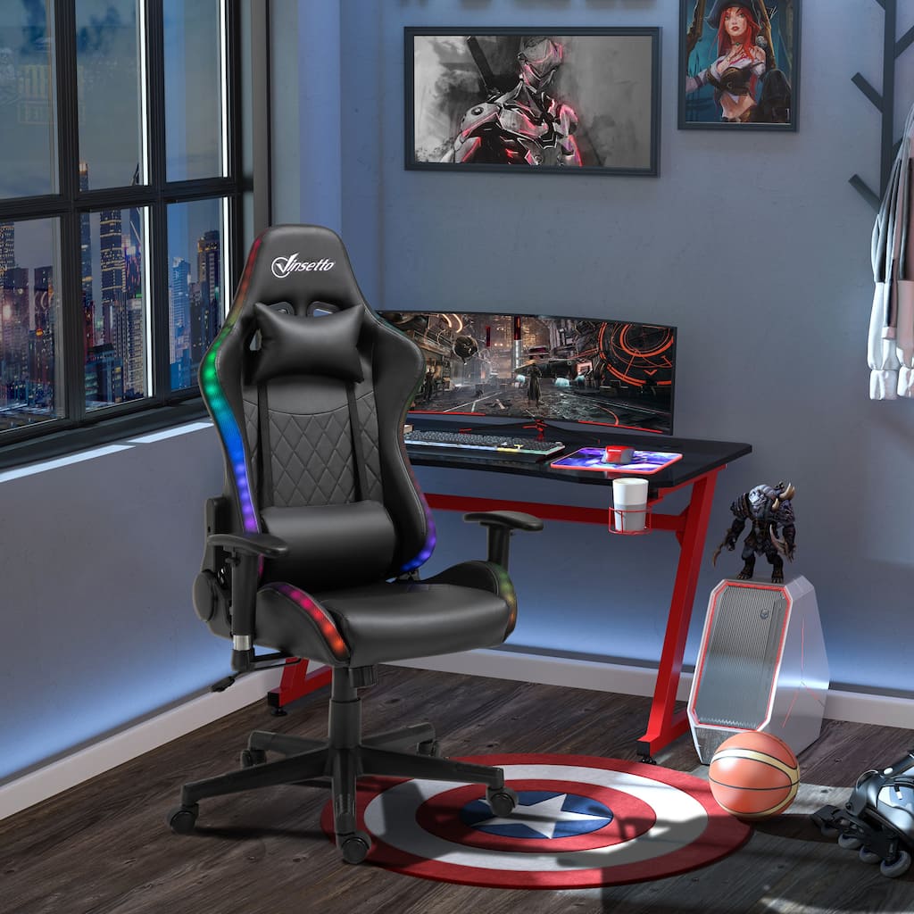 Vinsetto Gaming Chair with RGB LED Light, 2D Arm, Lumbar Support, Swivel Home Office Computer Recliner - 26.75" x 26.75" x 53.5"