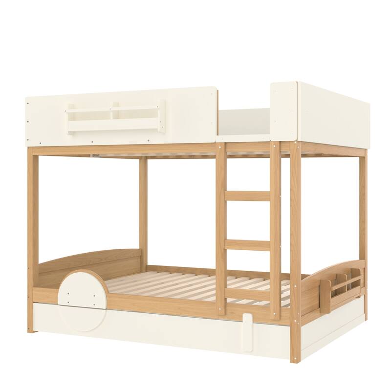 Queen Bunk Bed with Trundle, Wood Bunk Bed Frame with Built-in Bookshelf and High-quality Safety Guardrail
