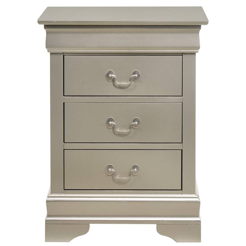 Silver Champagne Nightstand 29x21x16 with Three Drawers, Compact Bedside Table for Storage and Elegant Bedroom Accent