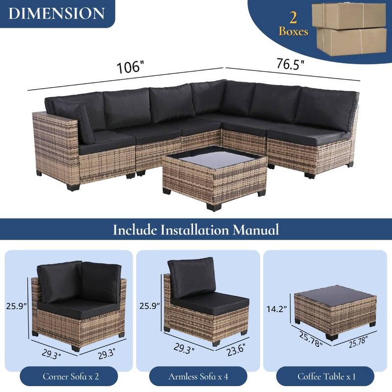 7-Piece Wicker Patio Conversation Set with Cushions,6 Sofas, 1 Table