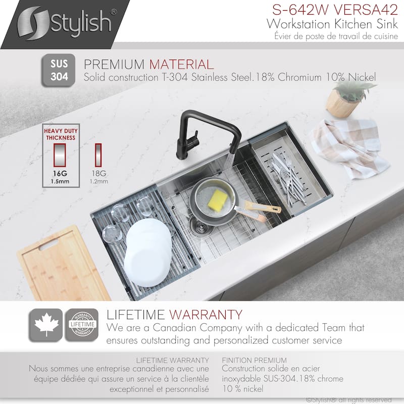 STYLISH 42 inches Workstation 70/30 Double Bowl Undermount 16 Gauge Stainless Steel Kitchen Sink with Accessories included