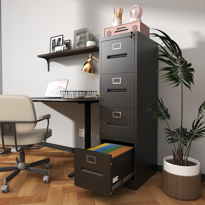 4 Drawer File Cabinet with Lock Metal Vertical File Cabinet Office Home, A4 Legal/Letter Size Narrow File Cabinet Locked