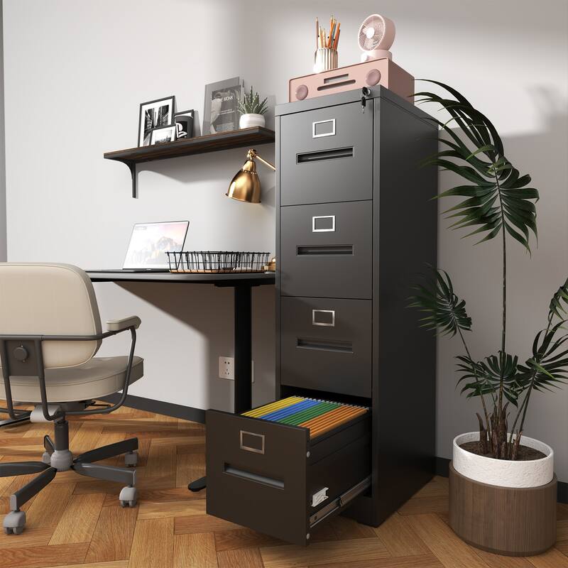 Modern Narrow Vertical File Cabinet, 4 Drawers Filing Cabinet with Lock, for Office and Home Use, Black